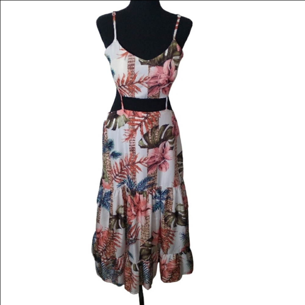 Tropical Pink Print Cutout Maxi Dress- Women' s XL